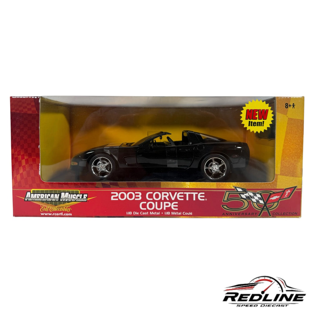 Redline Speed Diecast 1:18 scale black 2003 Chevrolet Corvette Coupe model in its 50th Anniversary display box