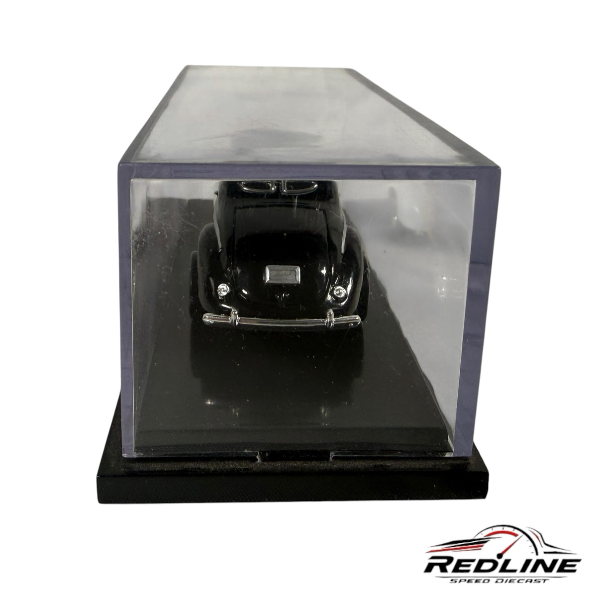 Redline Speed Diecast vintage black coupe model car displayed inside a clear protective acrylic case on a black base.