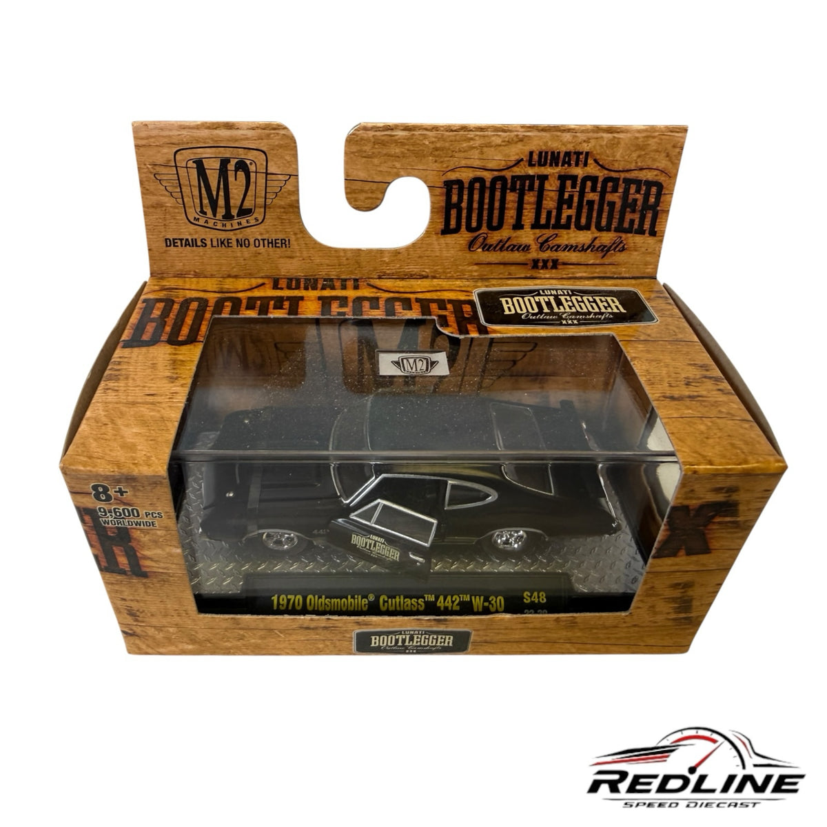Redline Speed Diecast 1:64 scale black 1970 Oldsmobile Cutlass 442 W-30 model in Lunati Bootlegger collector box