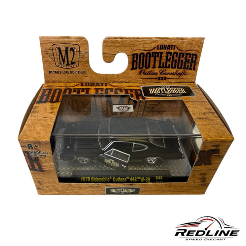 Redline Speed Diecast 1:64 scale black 1970 Oldsmobile Cutlass 442 W-30 model in Lunati Bootlegger collector box