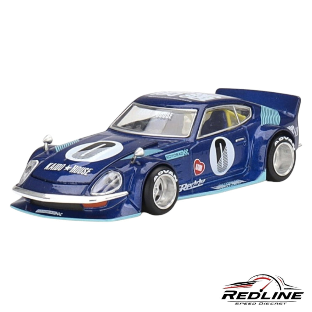 Redline Speed Diecast 1:64 scale blue Datsun Fairlady Z model car with racing livery and sponsor decals.