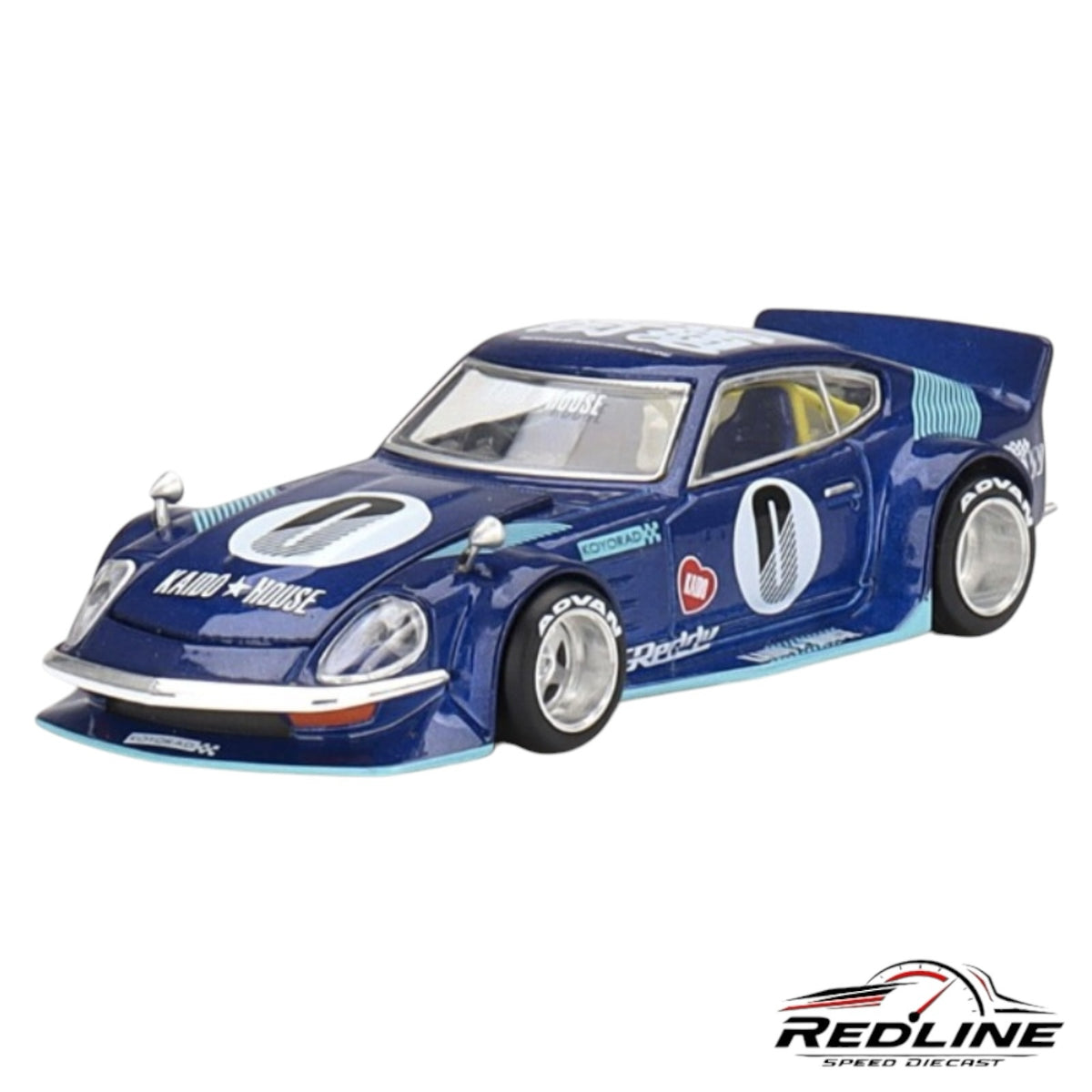 Redline Speed Diecast 1:64 scale blue Datsun Fairlady Z model car with racing livery and sponsor decals.