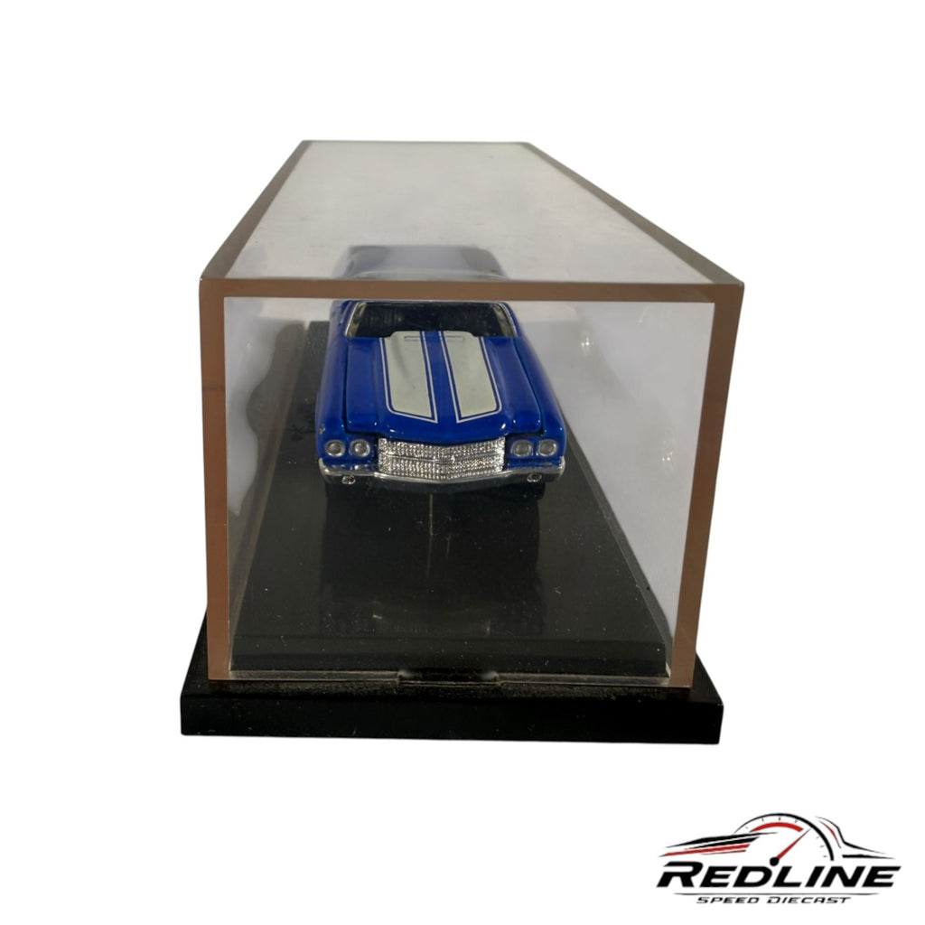 Redline Speed Diecast 1970 Chevrolet El Camino SS model in blue with white racing stripes inside a clear display case