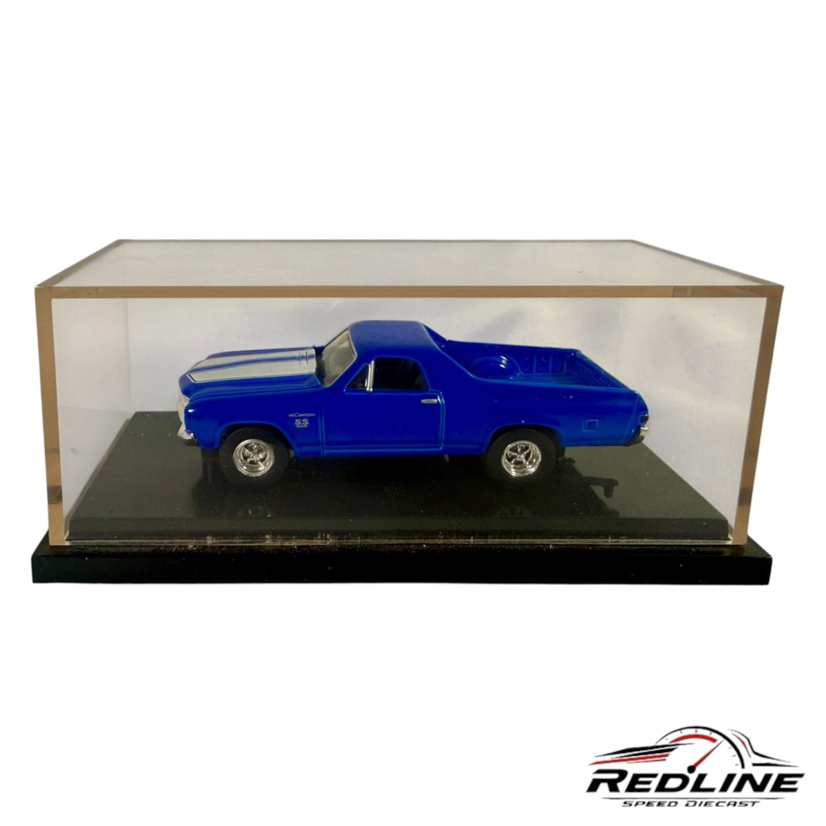 Redline Speed Diecast 1970 Chevrolet El Camino SS model in blue with white racing stripes in a clear display case.