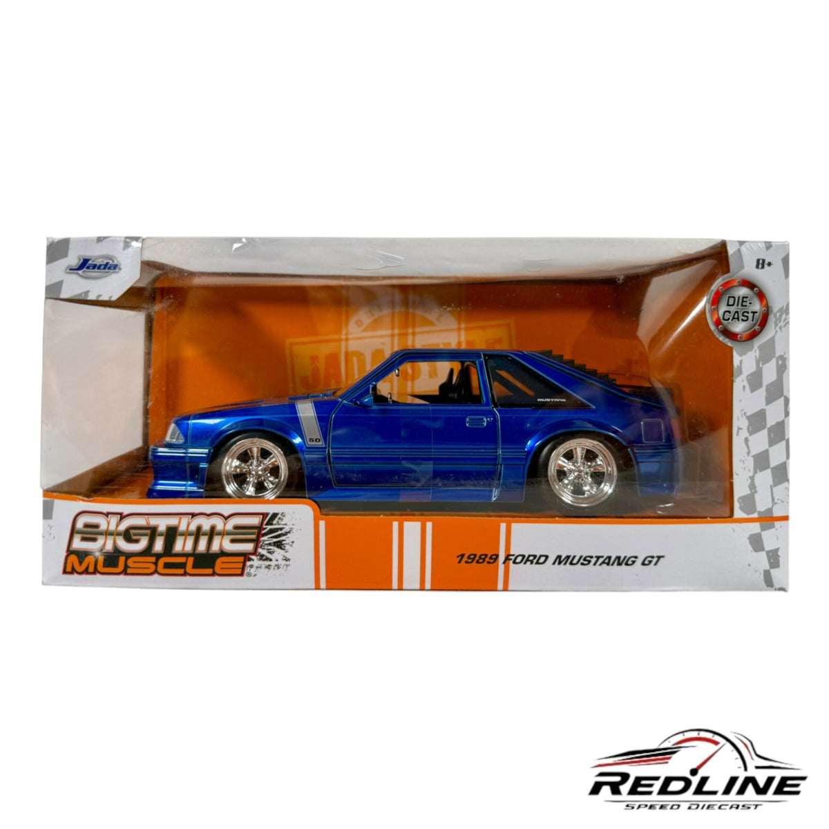 Redline Speed Diecast 1989 Ford Mustang GT model in vibrant blue with chrome wheels in original display packaging