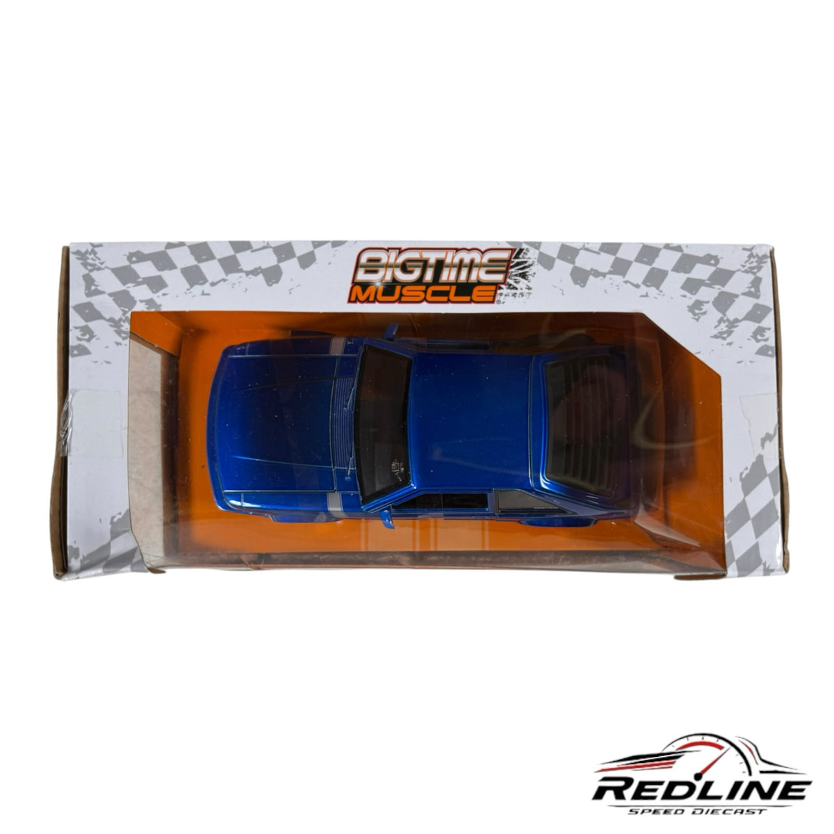 Redline Speed Diecast 1989 Ford Mustang GT model car in deep blue, displayed in its original Big Time Muscle packaging.