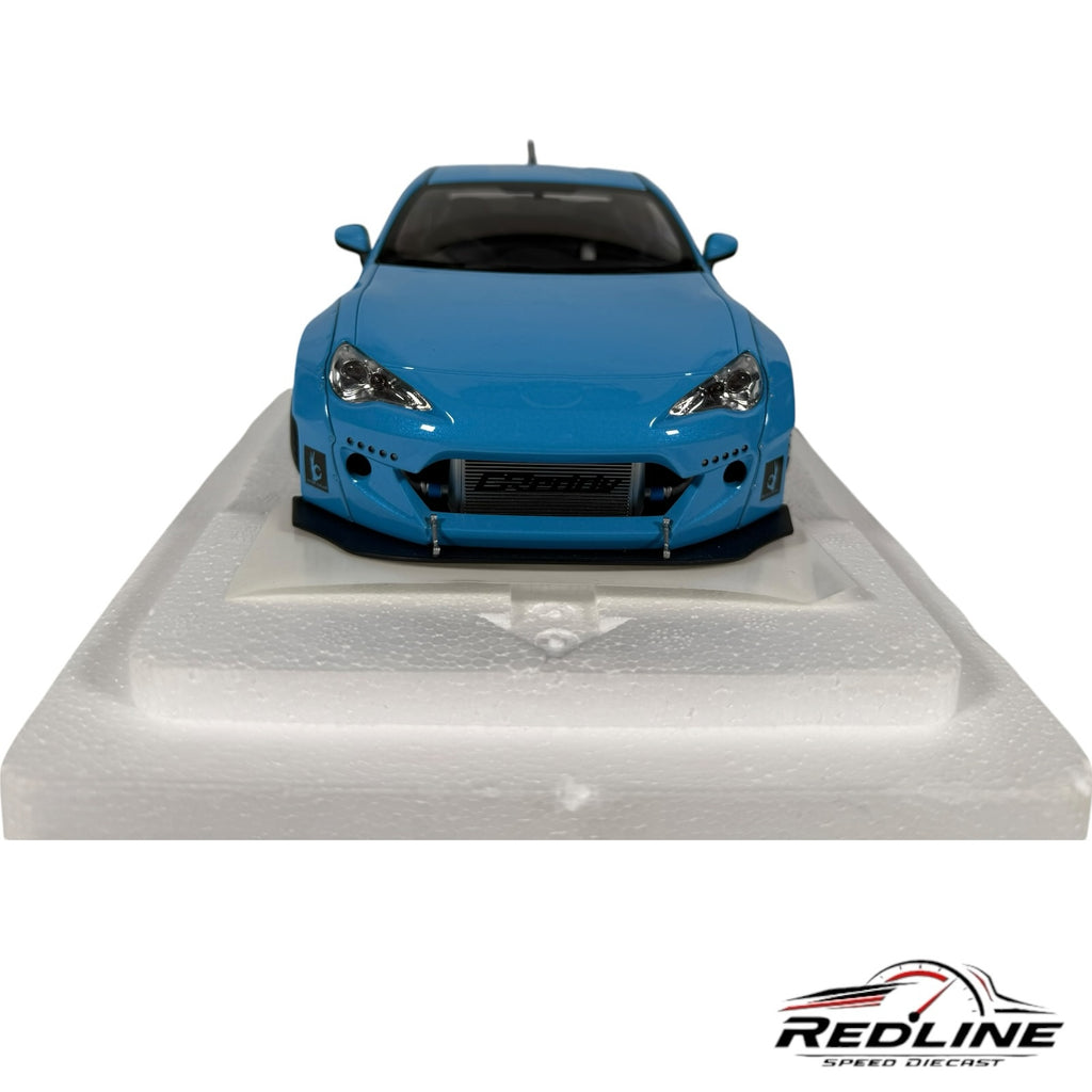 Redline Speed Diecast blue Rocket Bunny widebody sports car model with flared fenders and front intercooler