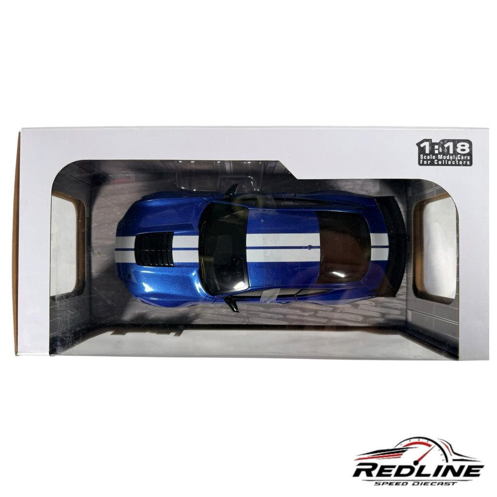 Redline Speed Diecast 1:18 scale blue Ford Shelby GT500 model car with white racing stripes in original packaging