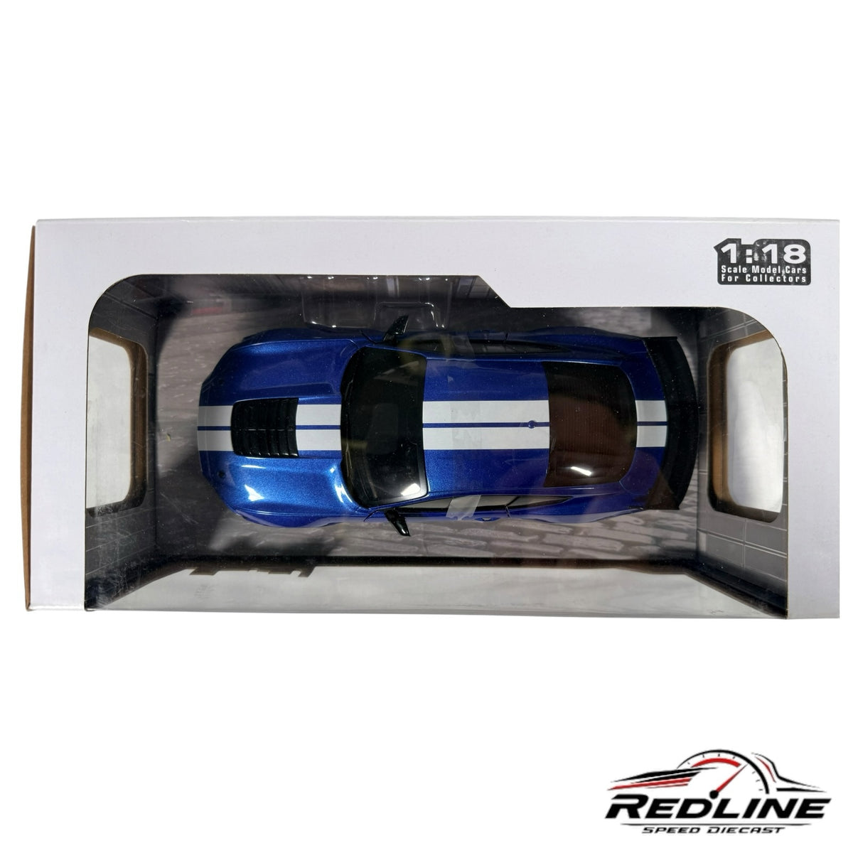 Redline Speed Diecast 1:18 scale blue Ford Shelby GT500 model car with white racing stripes in original packaging