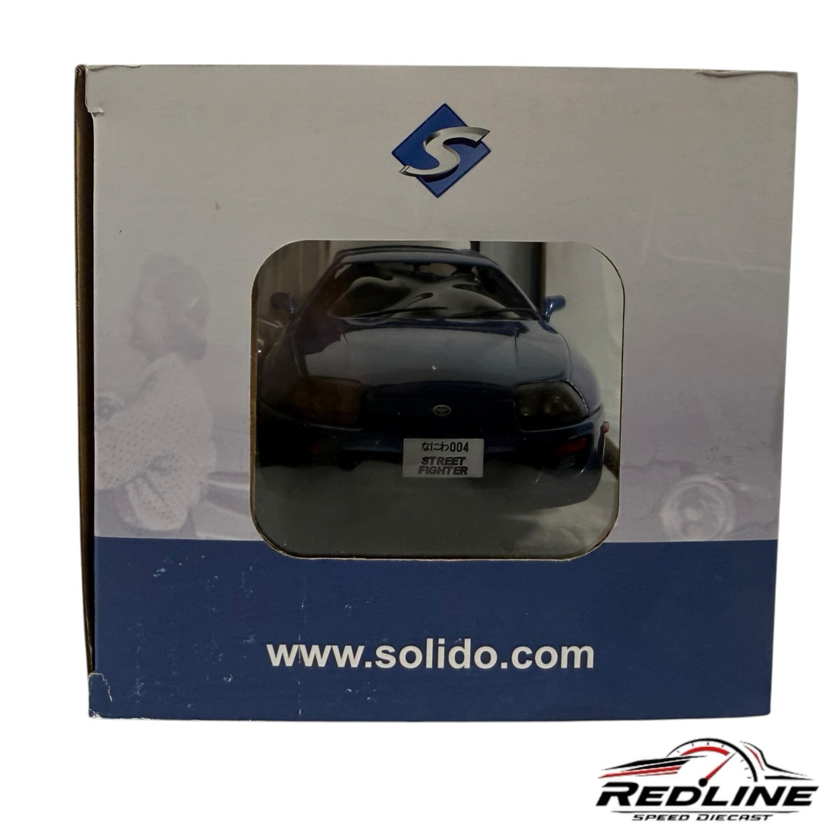 Redline Speed Diecast Solido 1:18 scale blue Toyota Supra MK4 diecast model inside its display box