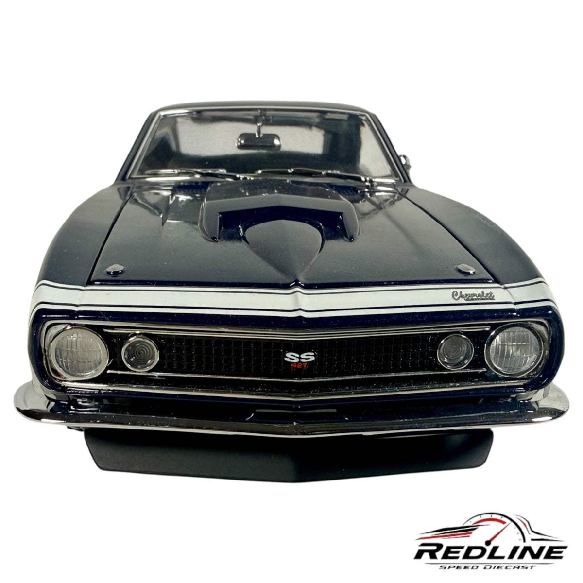 Redline Speed Diecast 1:18 scale metallic blue Chevrolet Yenko Camaro model with white racing stripes and SS badging.