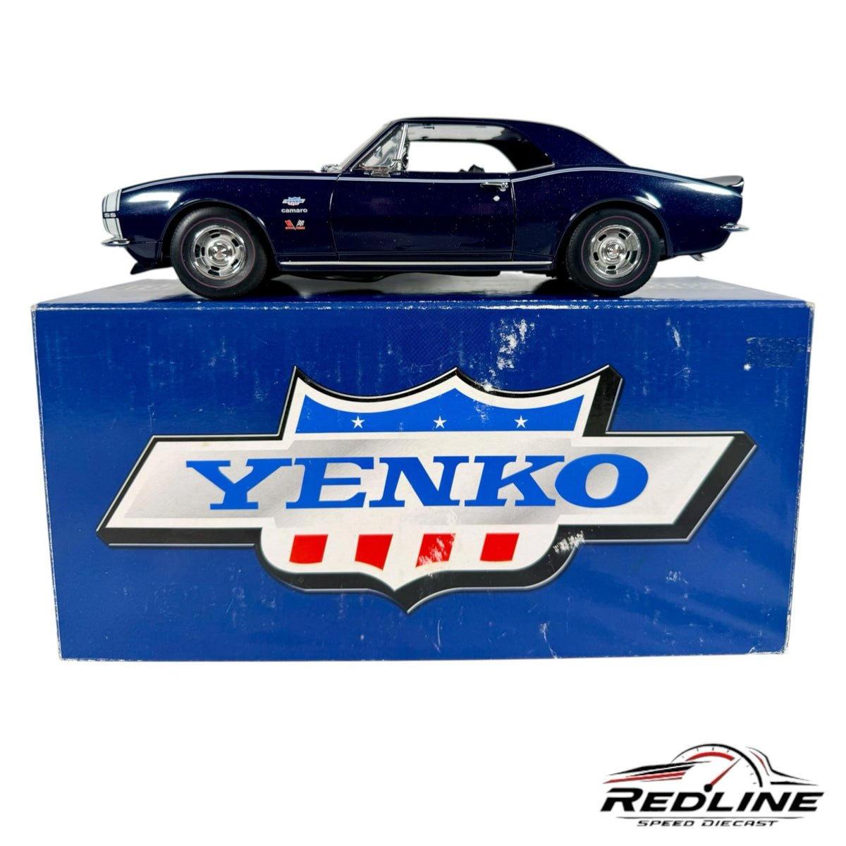 Redline Speed Diecast 1:18 scale metallic blue Chevrolet Yenko Camaro model car displayed on its branded box