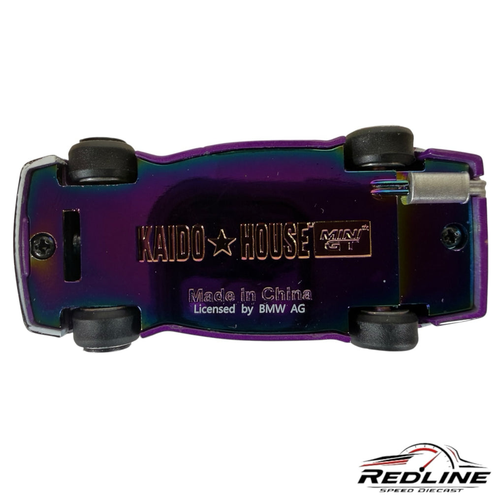 Redline Speed Diecast Kaido House BMW E30 M3 1:64 scale model showing the iridescent purple metal chassis bottom view