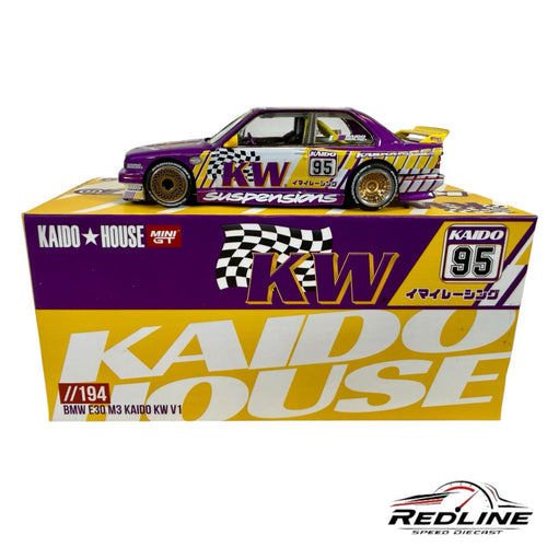 Redline Speed Diecast Kaido House BMW E30 M3 model car in purple and white with KW branding and gold wheels