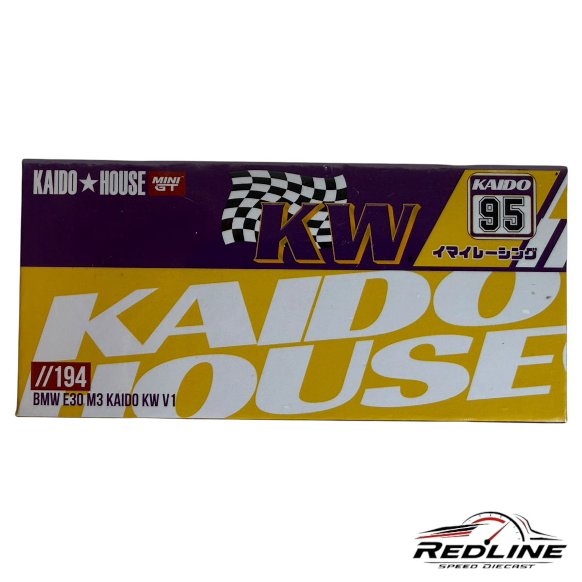 Redline Speed Diecast packaging for the Kaido House BMW E30 M3 model featuring yellow and purple KW branding
