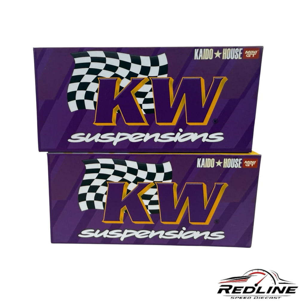 Redline Speed Diecast packaging for Kaido House BMW E30 M3 model featuring purple KW Suspensions branding