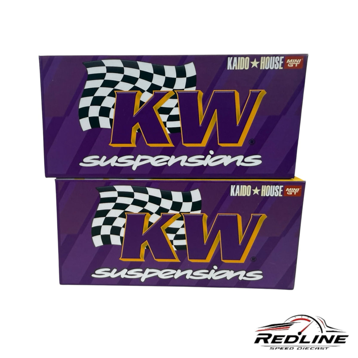 Redline Speed Diecast packaging for Kaido House BMW E30 M3 model featuring purple KW Suspensions branding