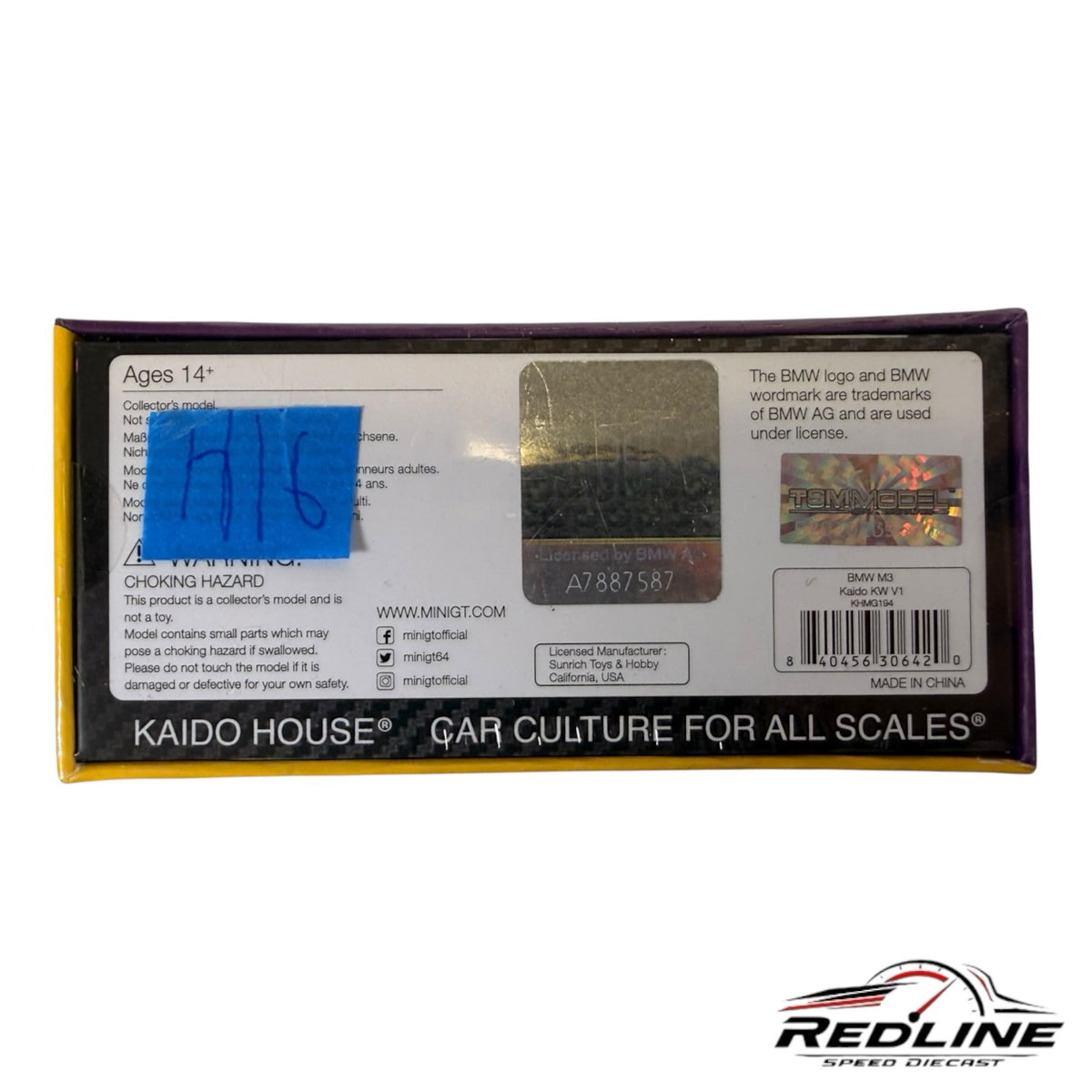 Redline Speed Diecast packaging for Kaido House BMW E30 M3 model featuring official BMW and Mini GT branding