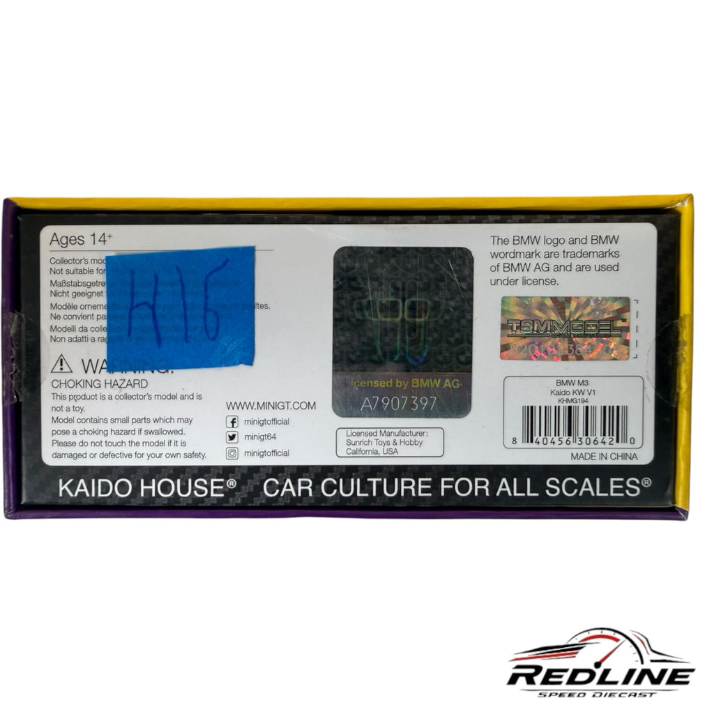 Redline Speed Diecast packaging back view for Kaido House BMW E30 M3 model car with official licensing information