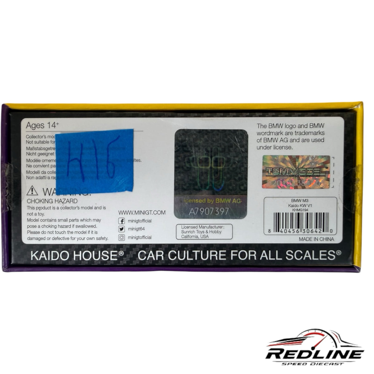 Redline Speed Diecast packaging back view for Kaido House BMW E30 M3 model car with official licensing information