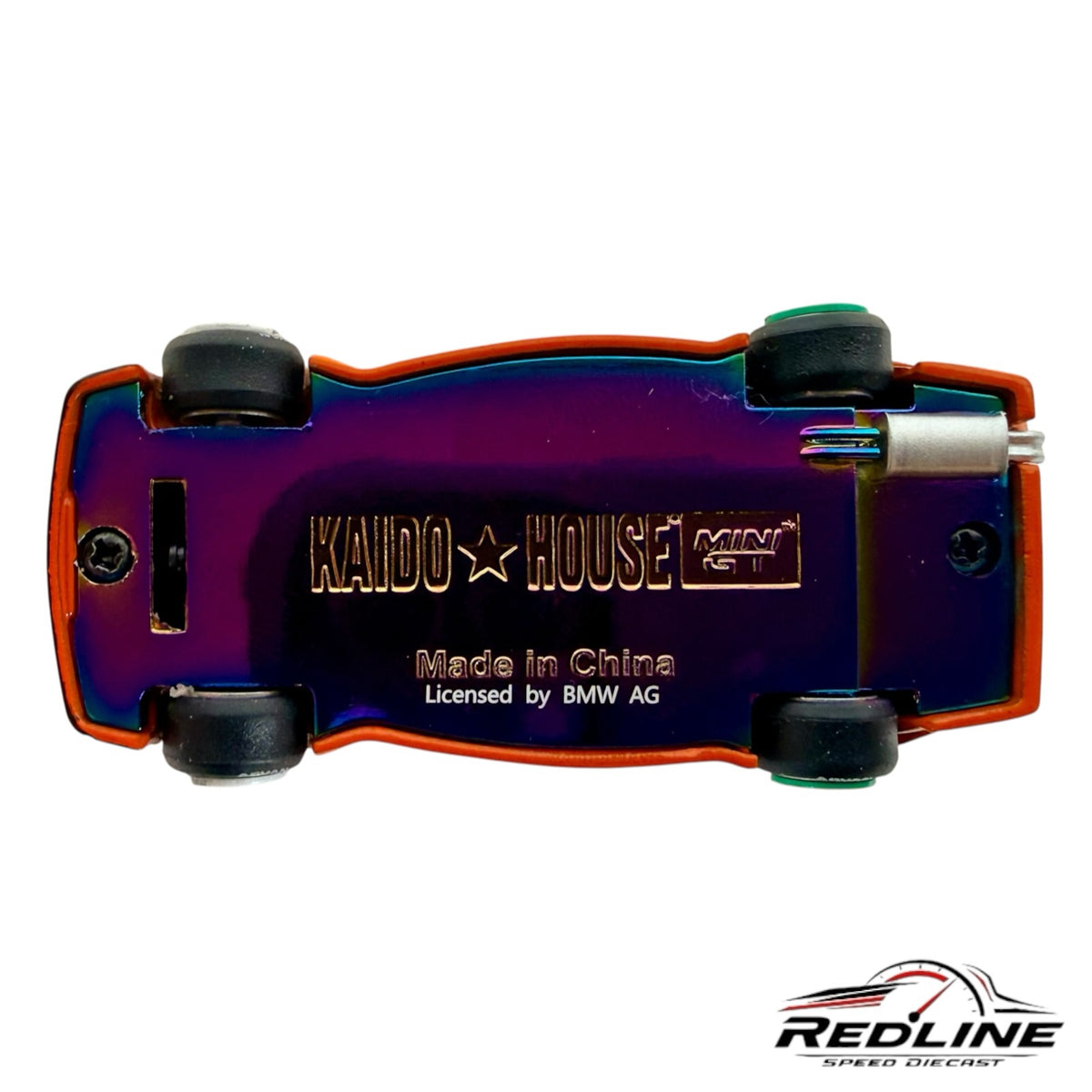 Underside of Redline Speed Diecast Kaido House Mini GT BMW M3 featuring an iridescent oil slick metal chassis