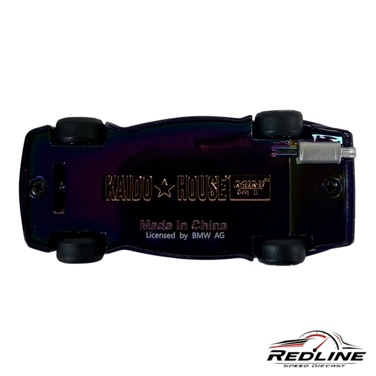 Redline Speed Diecast Kaido House Mini GT BMW M3 model car showing the deep purple metal chassis and branding
