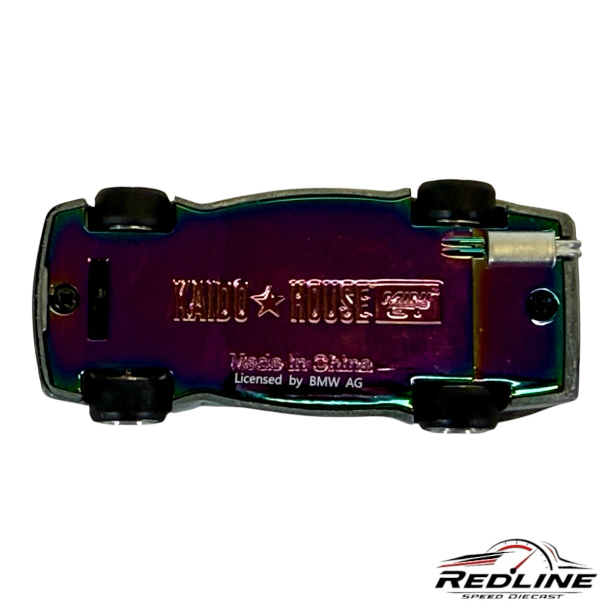 Redline Speed Diecast Kaido House BMW M3 1:64 scale model car showing the iridescent metal chassis underside