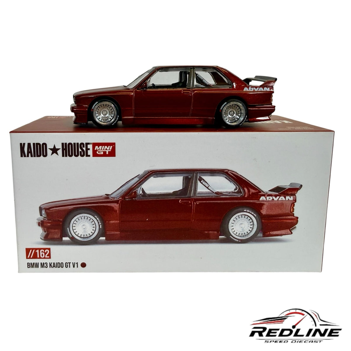 Redline Speed Diecast metallic burgundy BMW M3 Kaido GT V1 1:64 scale model car with Advan livery and rear wing