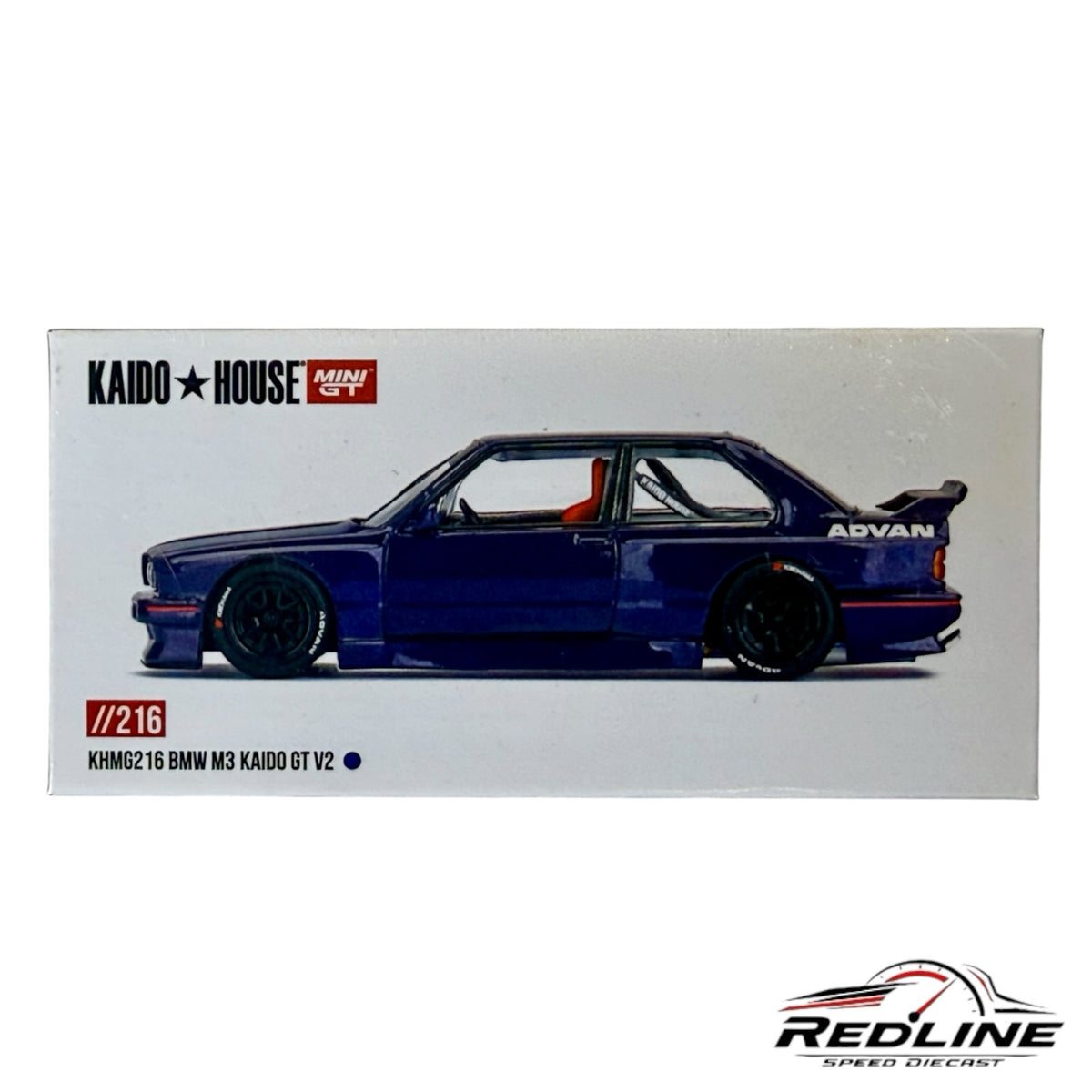 Redline Speed Diecast KAIDO HOUSE MINI GT BMW M3 Kaido GT V2 model car box art featuring a purple wide-body E30 M3.