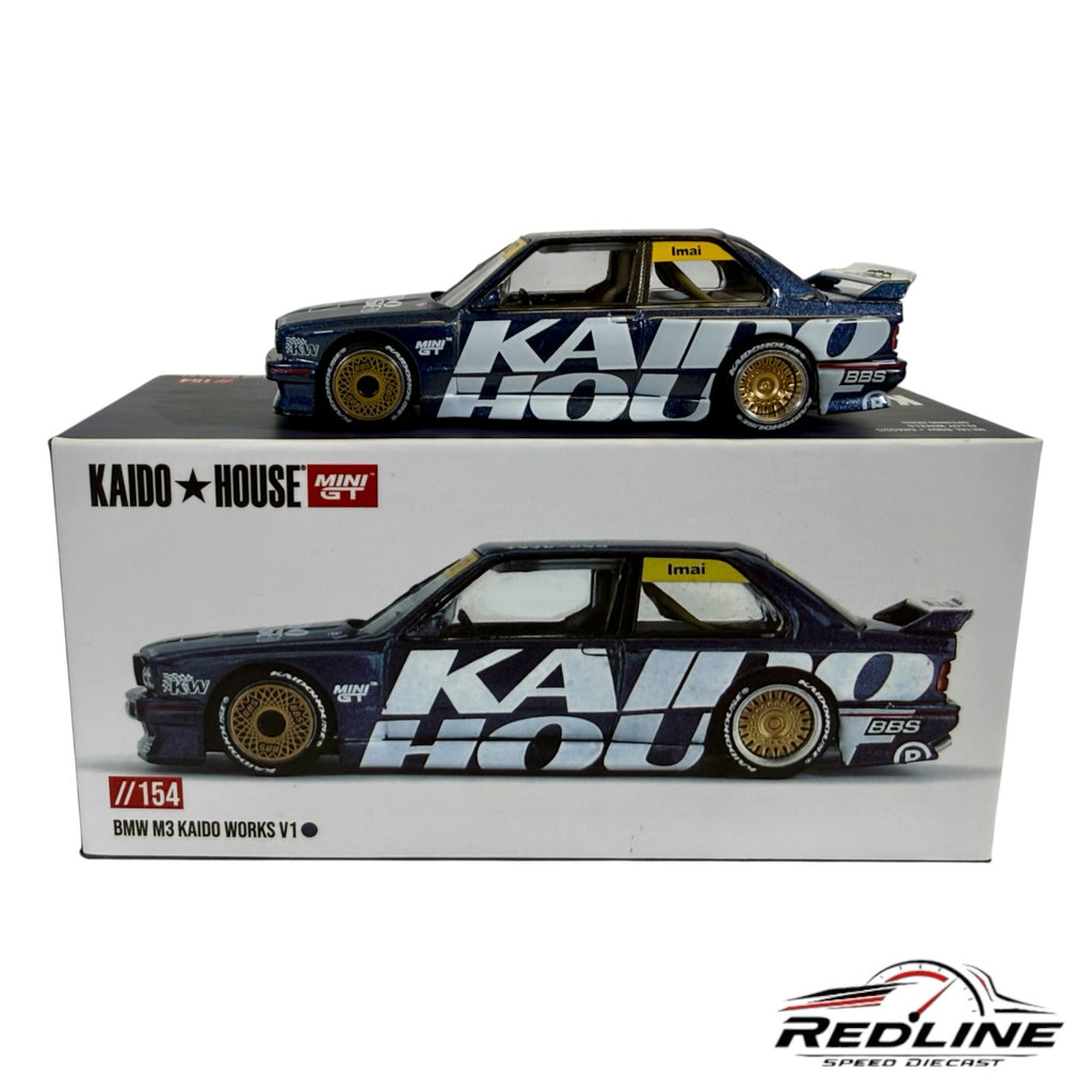 Redline Speed Diecast 1:64 scale metallic blue BMW M3 Kaido Works V1 model car with gold BBS wheels and racing decals
