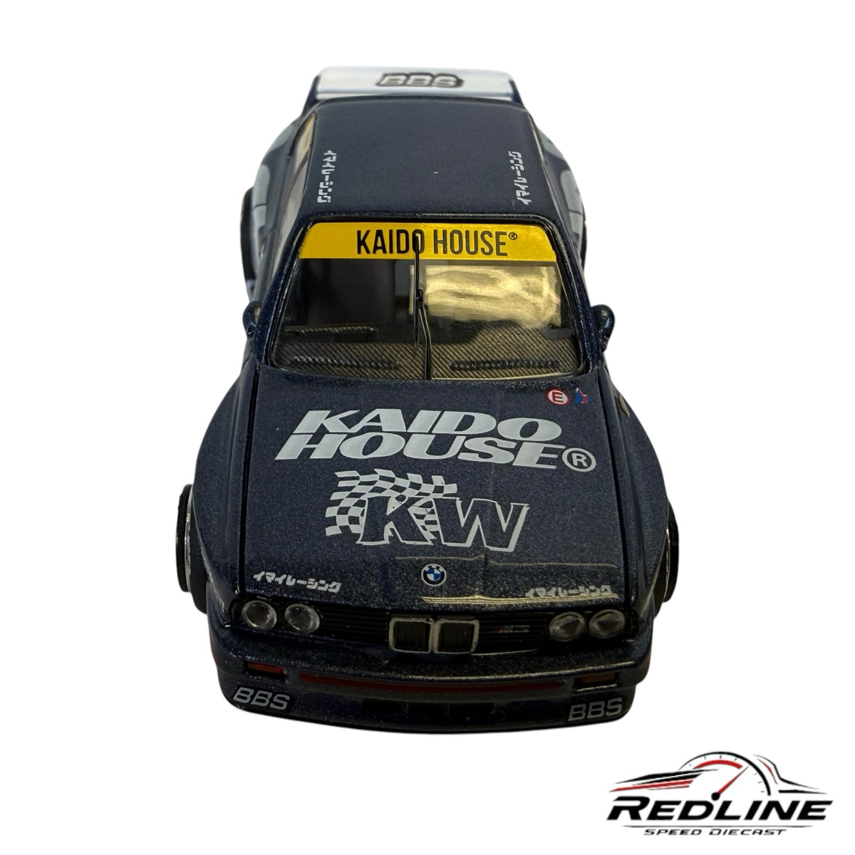 Redline Speed Diecast 1:64 scale metallic blue BMW M3 Kaido Works model car with racing decals and front view