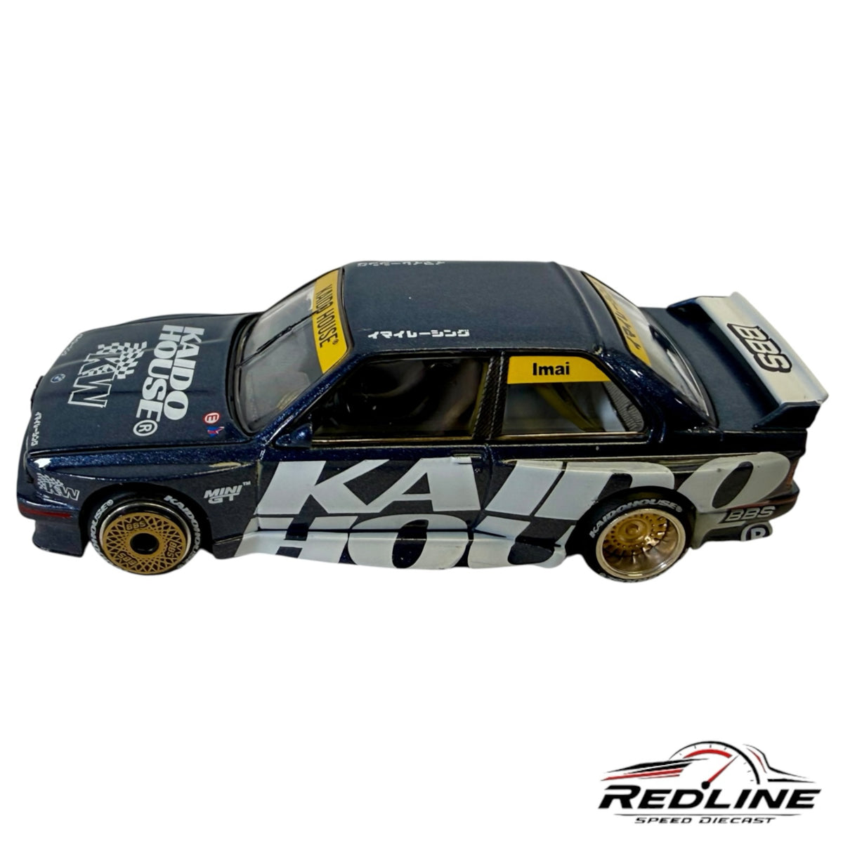 Redline Speed Diecast metallic blue BMW M3 Kaido Works 1:64 scale model with gold BBS wheels and racing decals