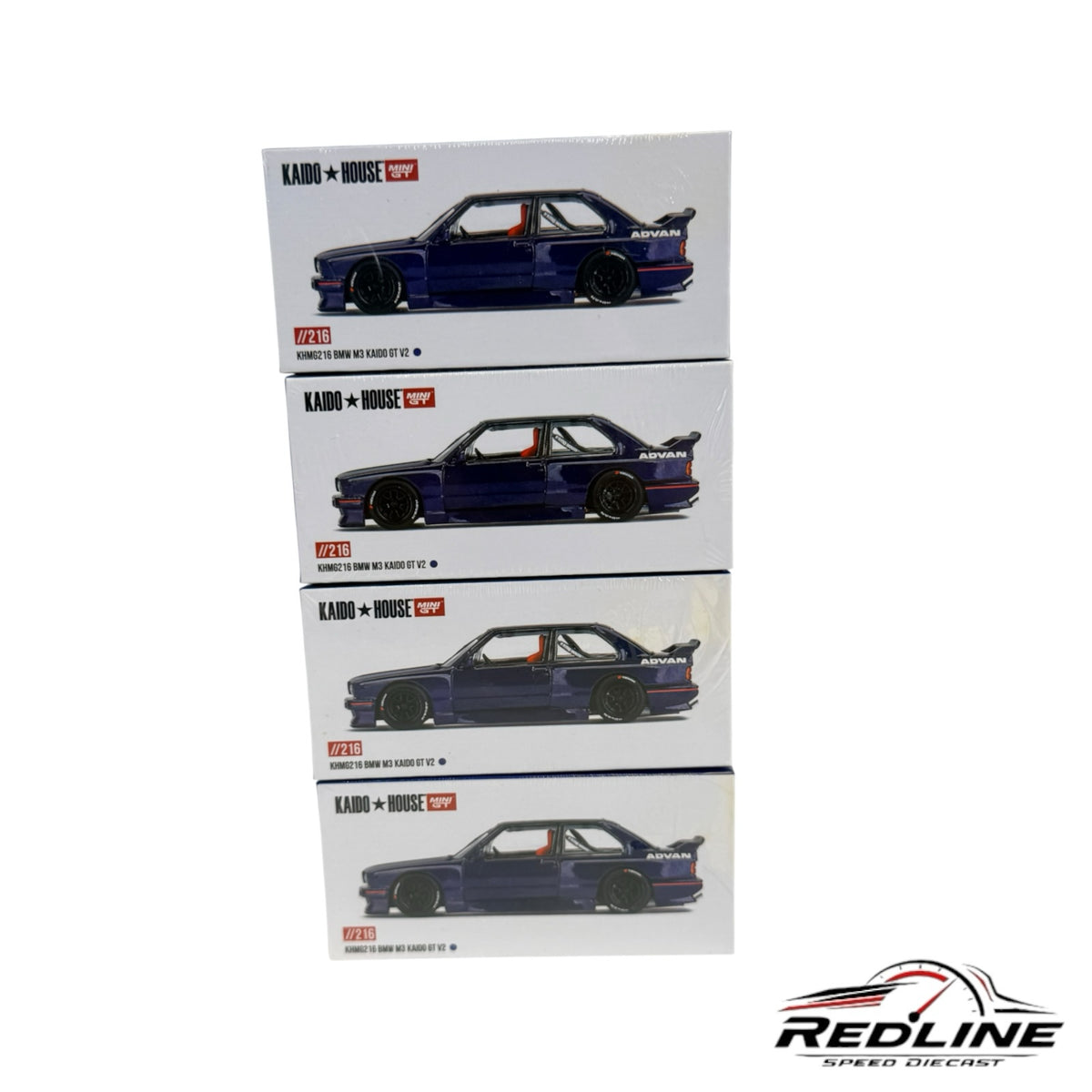Redline Speed Diecast stack of four Kaido House Mini GT BMW M3 Kaido GT V2 purple model car boxes