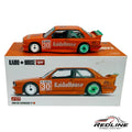 Redline Speed Diecast Kaido House Mini GT BMW M3 V1 in orange with sponsor decals and mismatched wheels on display box