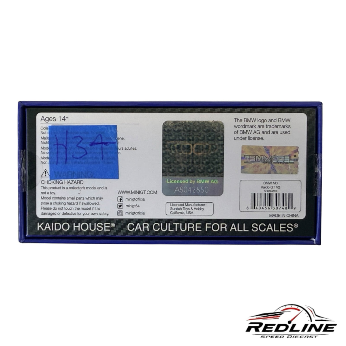Redline Speed Diecast packaging back for Kaido House Mini GT BMW M3 model car with official licensing information