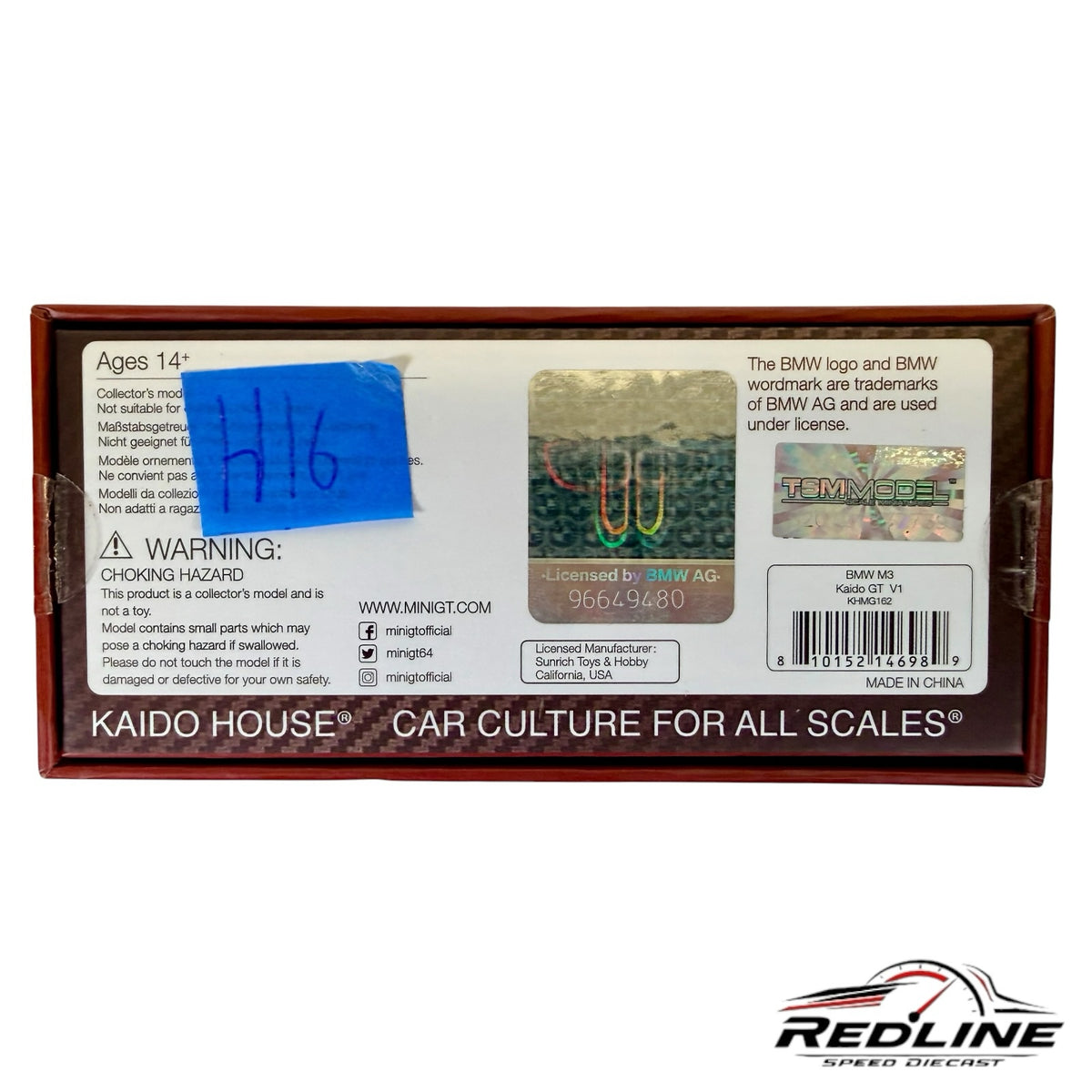 Redline Speed Diecast packaging back view for BMW M3 Kaido GT V1 model car with official licensing and safety labels