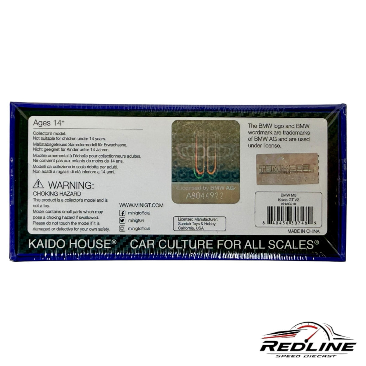 Redline Speed Diecast packaging back for KAIDO HOUSE MINI GT BMW M3 Kaido GT V2 model with safety warnings and branding