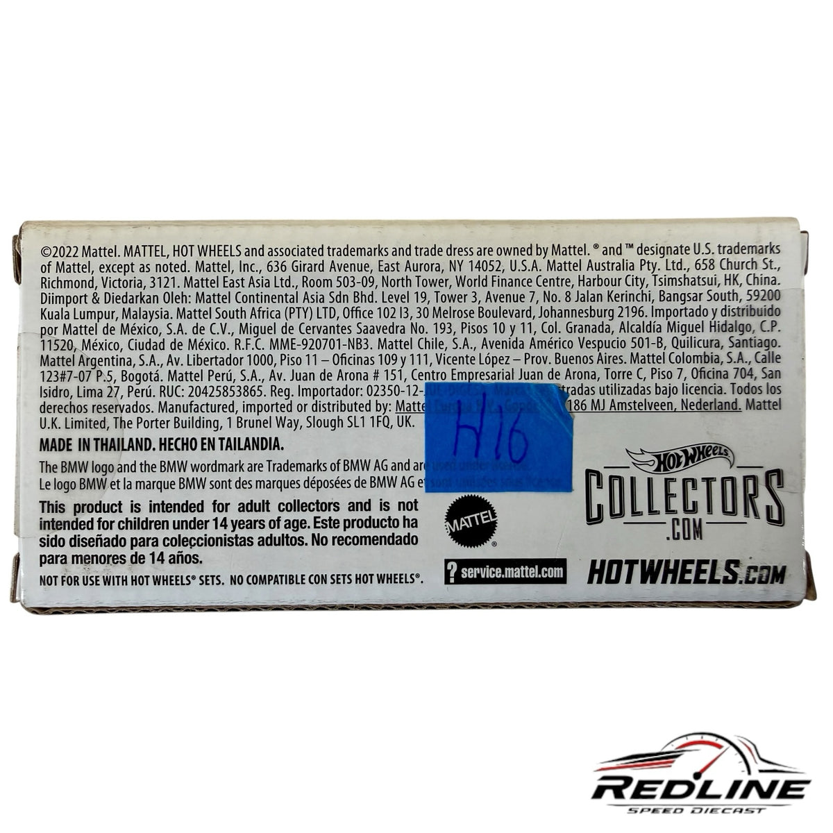 Redline Speed Diecast Hot Wheels BMW M3 packaging box with legal text and collector information