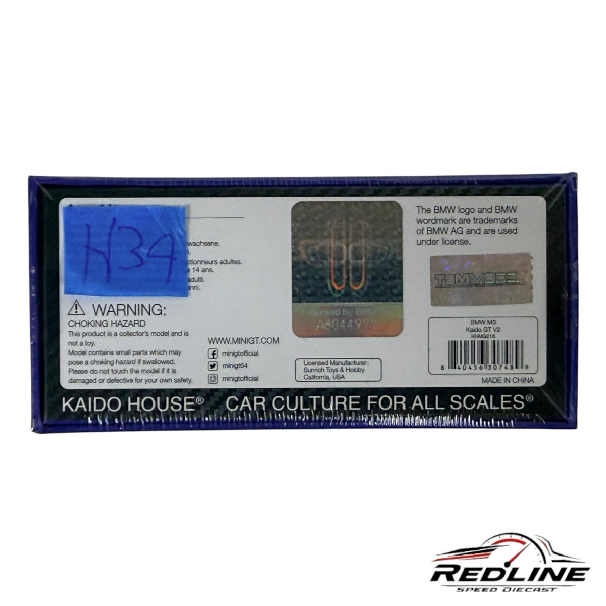 Redline Speed Diecast packaging box for the KAIDO HOUSE MINI GT BMW M3 Kaido GT V2 model with official branding