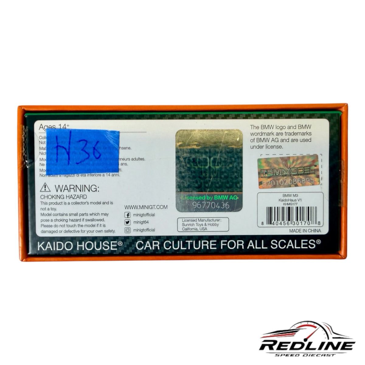 Redline Speed Diecast packaging box for Kaido House Mini GT BMW M3 model with holographic authenticity sticker