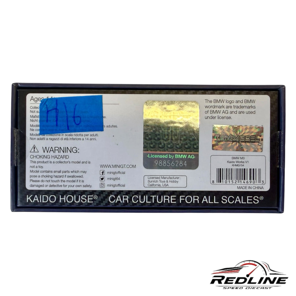 Redline Speed Diecast packaging box for Kaido House BMW M3 model car featuring official BMW licensing hologram