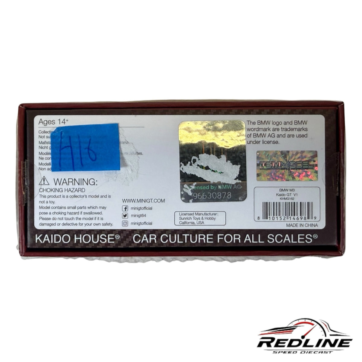 Redline Speed Diecast packaging box for Kaido House BMW M3 model car with official licensing and warning labels