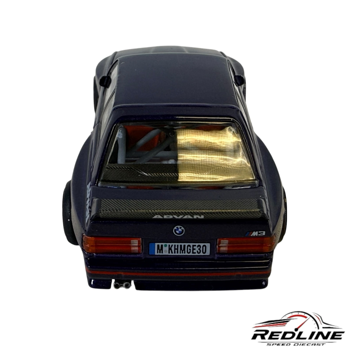 Redline Speed Diecast Kaido House Mini GT BMW M3 in deep purple with wide-body kit, rear spoiler, and Advan branding.