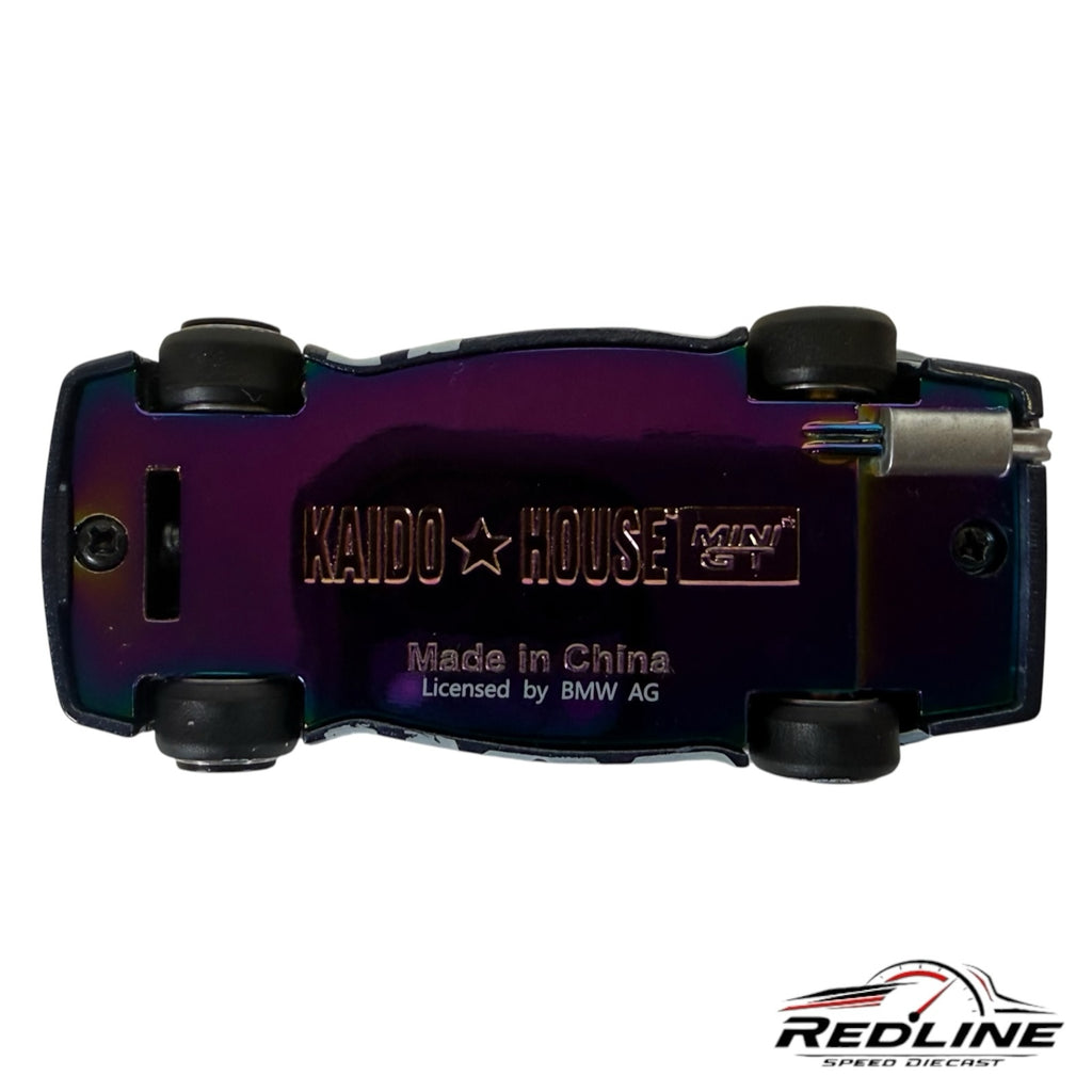 Underside of Redline Speed Diecast BMW M3 model car featuring a metallic iridescent finish and Kaido House branding.