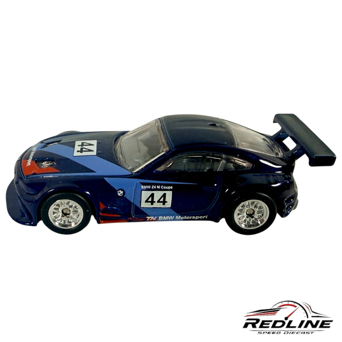 Redline Speed Diecast blue BMW Z4 M Coupe racing model with number 44 livery and rear wing on a white background