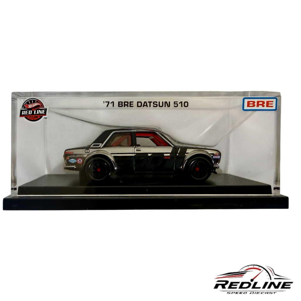 Redline Speed Diecast Hot Wheels '71 BRE Datsun 510 in a clear acrylic display case with authentic racing livery.