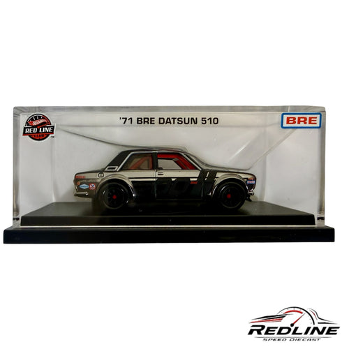 Redline Speed Diecast Hot Wheels '71 BRE Datsun 510 in a clear acrylic display case with authentic racing livery.