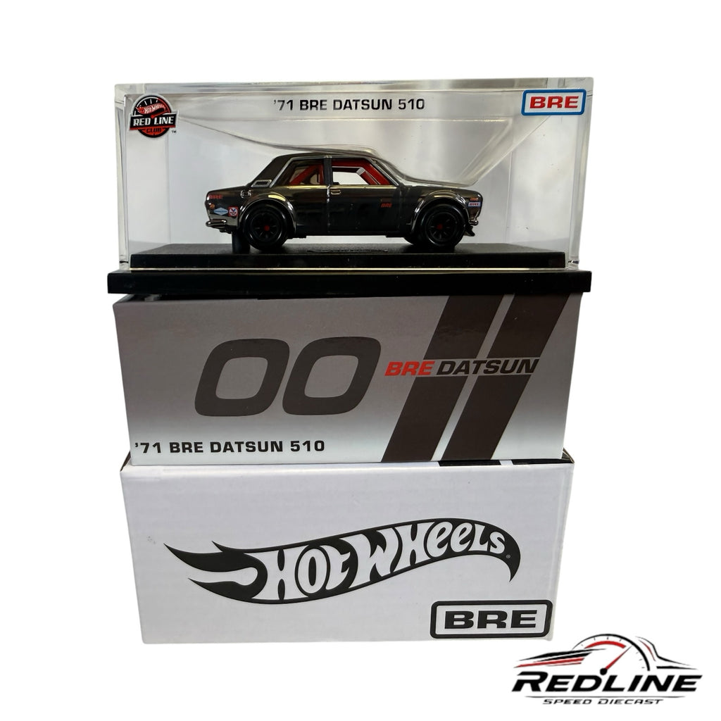 Redline Speed Diecast Hot Wheels '71 BRE Datsun 510 in an acrylic display case with its branded collector box.