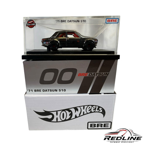 Redline Speed Diecast Hot Wheels '71 BRE Datsun 510 in an acrylic display case with its branded collector box.