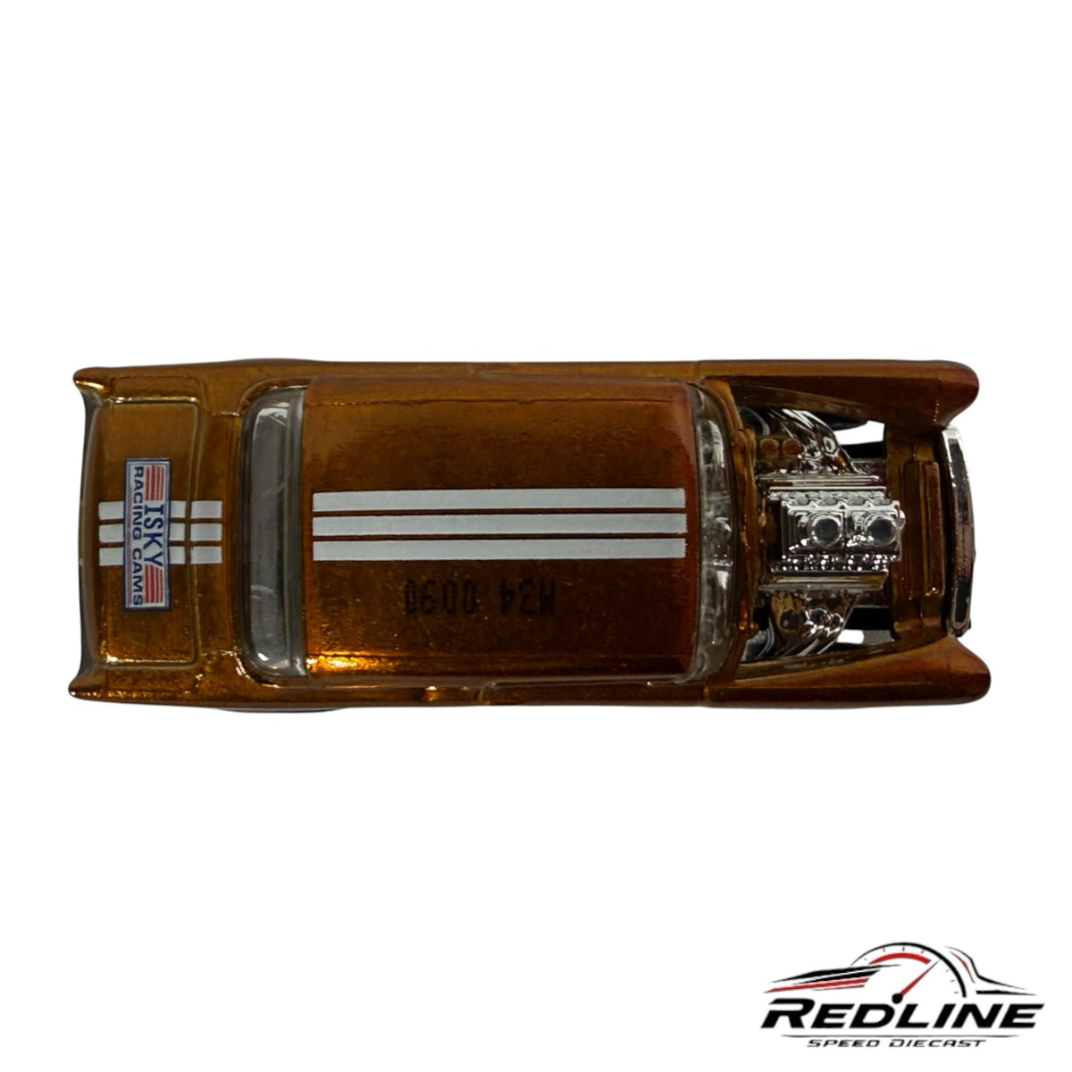 Redline Speed Diecast metallic bronze Chevrolet Gasser model car with white racing stripes and chrome engine detail